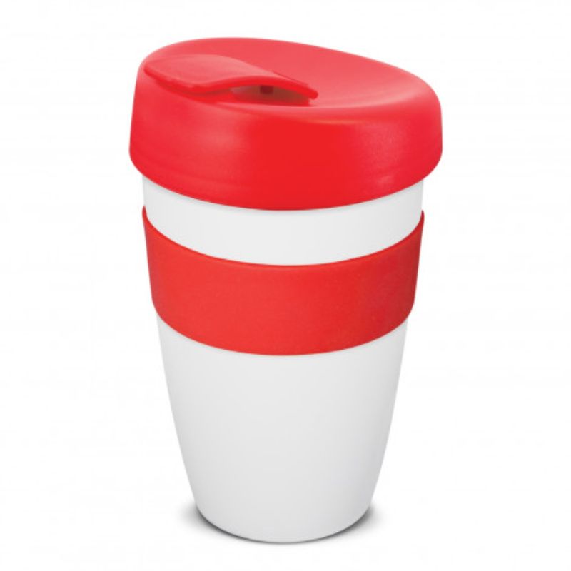 Set of 6 stylish white and red 480ml reusable coffee cups with heat-resistant band and secure splashproof lid.