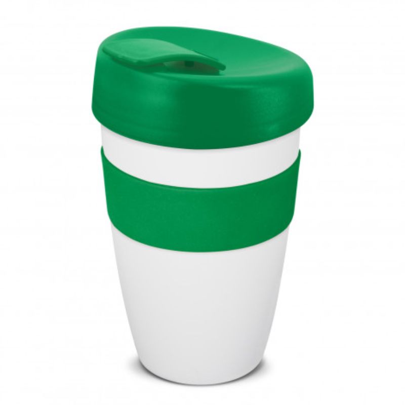 Set of 6 eco-friendly 480ml white coffee cups with dark green lids, designed for durability and travel convenience.