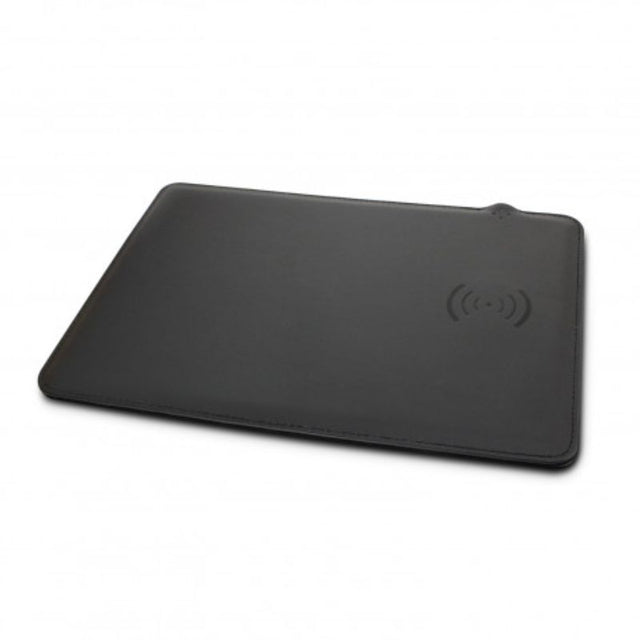 Sleek black wireless charging mouse mat with built-in 5W charger, stylish design, and compact dimensions for workspace efficiency.