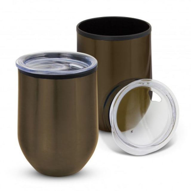 Set of 6 elegant Gunmetal Cordia Cups, 350ml, double wall design for hot drinks, with secure push-on lids.