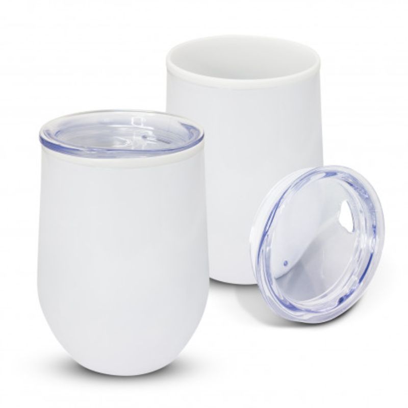 Set of 6 gloss white 350ml Cordia Cups with double wall design, stainless steel outer, and secure lids for hot beverages.
