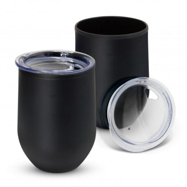 Set of 6 sleek matt black 350ml Cordia Cups with double wall design, secure lid, and elegant curved shape for stylish sipping.