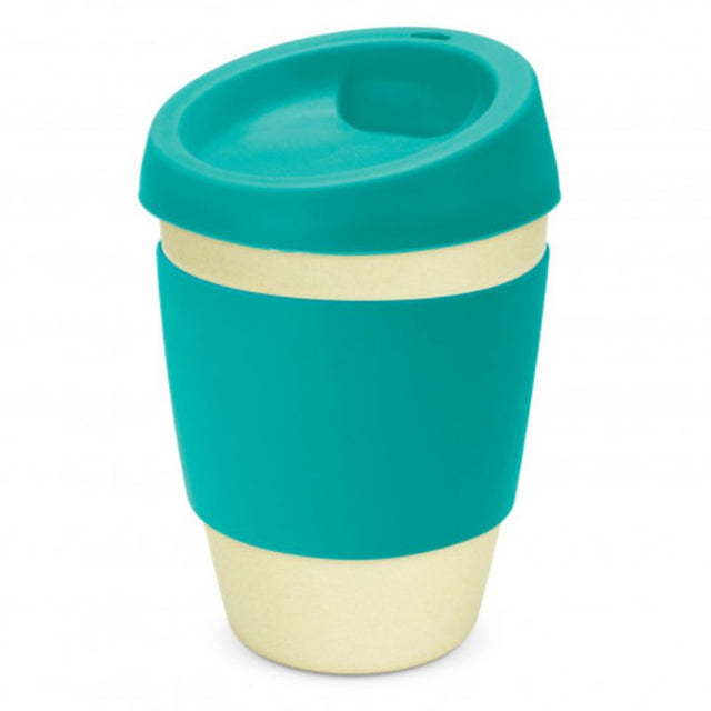 Set of 6 eco-friendly bamboo cups in natural and teal, featuring silicone lids and bands for comfort. Ideal for sustainable sipping.