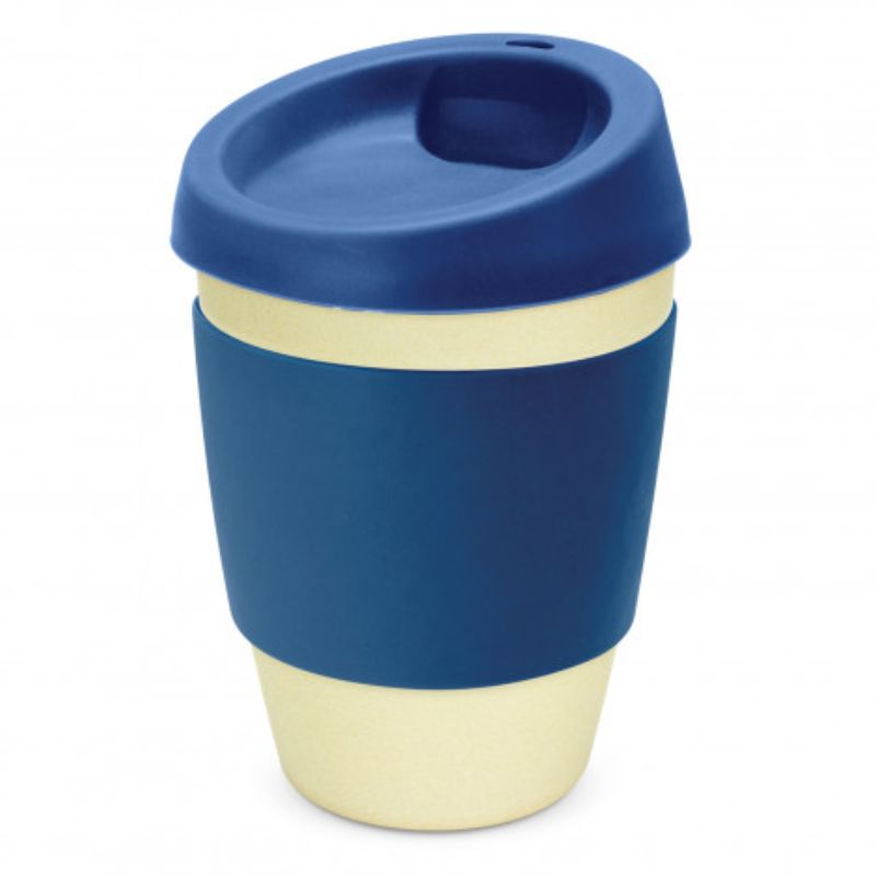 Set of 6 eco-friendly Bamboo Cups in natural and dark blue, perfect for coffee, tea, or smoothies on-the-go.