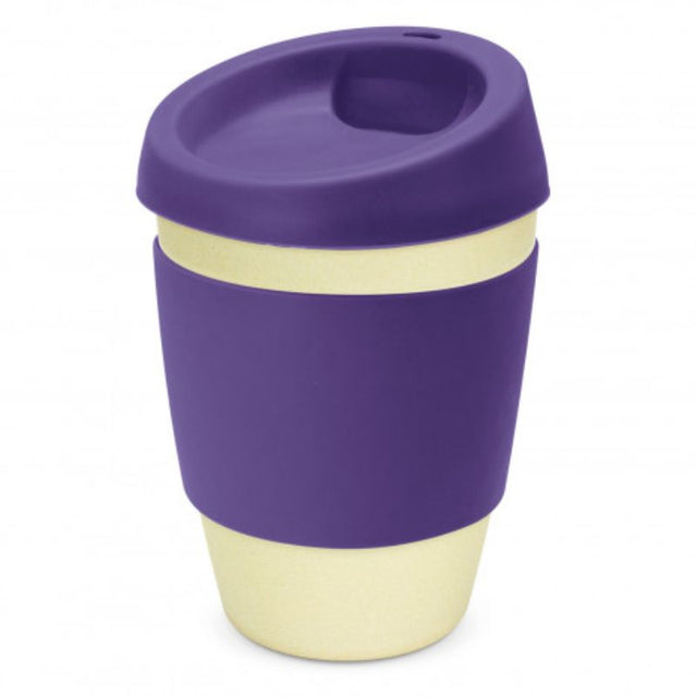 Set of 6 eco-friendly bamboo cups in natural with purple accents, featuring silicone lids and heat-resistant grips.