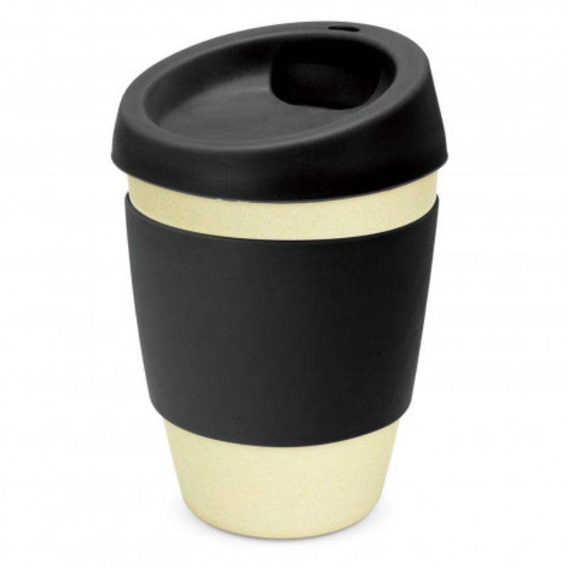 Eco-friendly bamboo coffee cups set of 6 in natural/black, featuring silicone lid and heat-resistant band for stylish sipping.