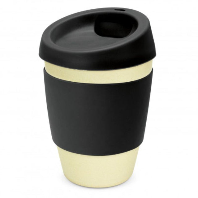 Eco-friendly bamboo coffee cups set of 6 in natural/black, featuring silicone lid and heat-resistant band for stylish sipping.