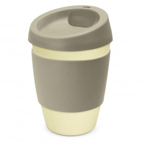 Set of 6 eco-friendly bamboo cups in natural and grey, featuring silicone lids and bands for sustainable sipping.