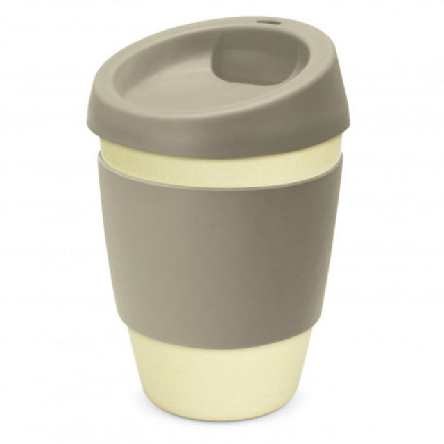 Set of 6 eco-friendly bamboo cups in natural and grey, featuring silicone lids and bands for sustainable sipping.
