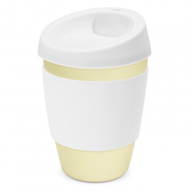 Set of 6 eco-friendly bamboo cups in natural and white, featuring silicone lids and bands for a stylish, sustainable beverage option.