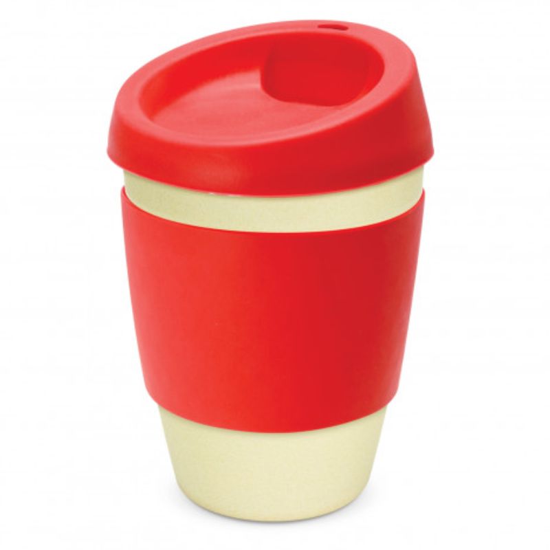Eco-friendly bamboo cups set of 6 in natural with red silicone band, ideal for on-the-go beverages, 340ml capacity.