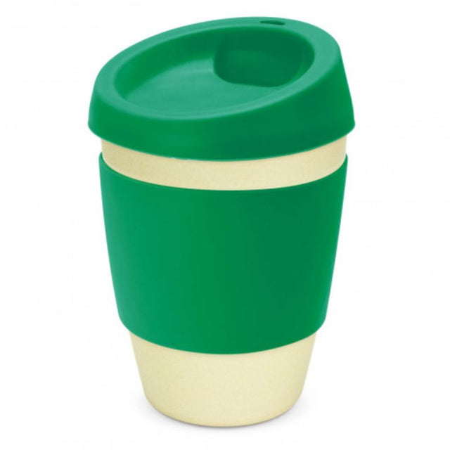 Set of 6 eco-friendly bamboo cups in natural and dark green, featuring a silicone lid and heat-resistant band.