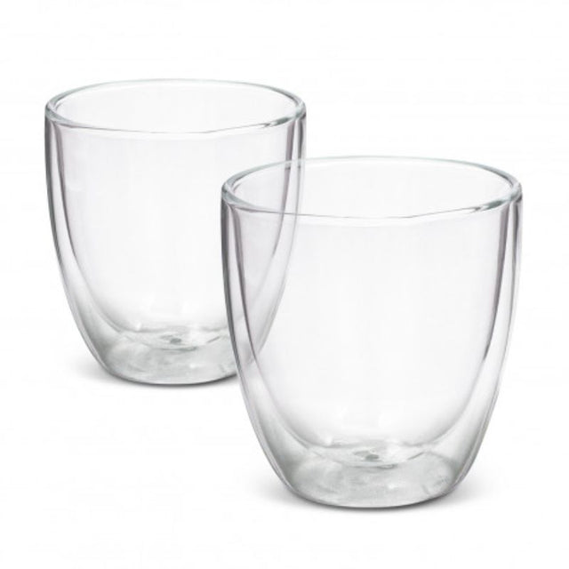Elegant double wall glass set featuring two 310ml Tivoli glasses in clear, presented in a stylish black gift box.