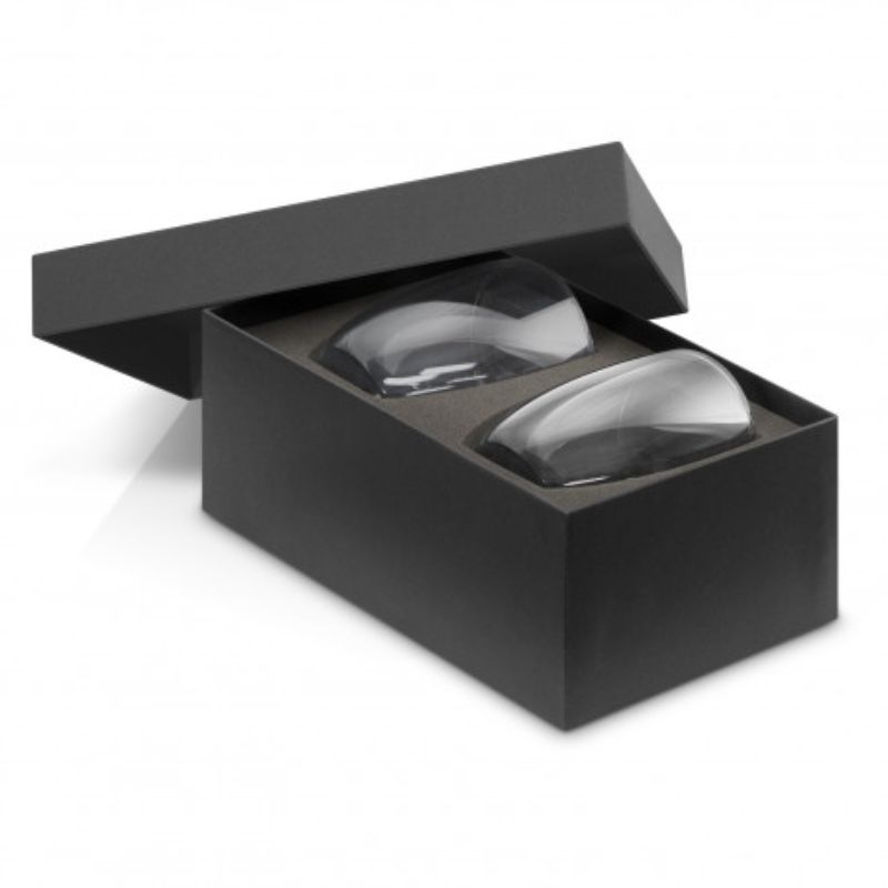 Set of two clear double wall borosilicate glasses, 310ml, in a black gift box, ideal for hot and cold beverages.