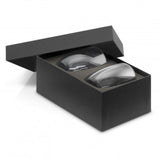 Set of two clear double wall borosilicate glasses, 310ml, in a black gift box, ideal for hot and cold beverages.