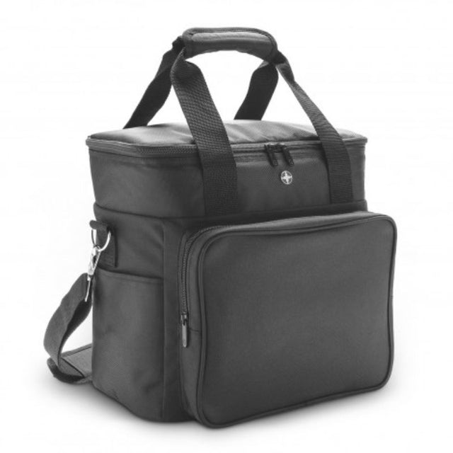 Sleek black Swiss Peak Cooler Bag with 16L capacity, thick insulation, and durable polyester for outdoor adventures.