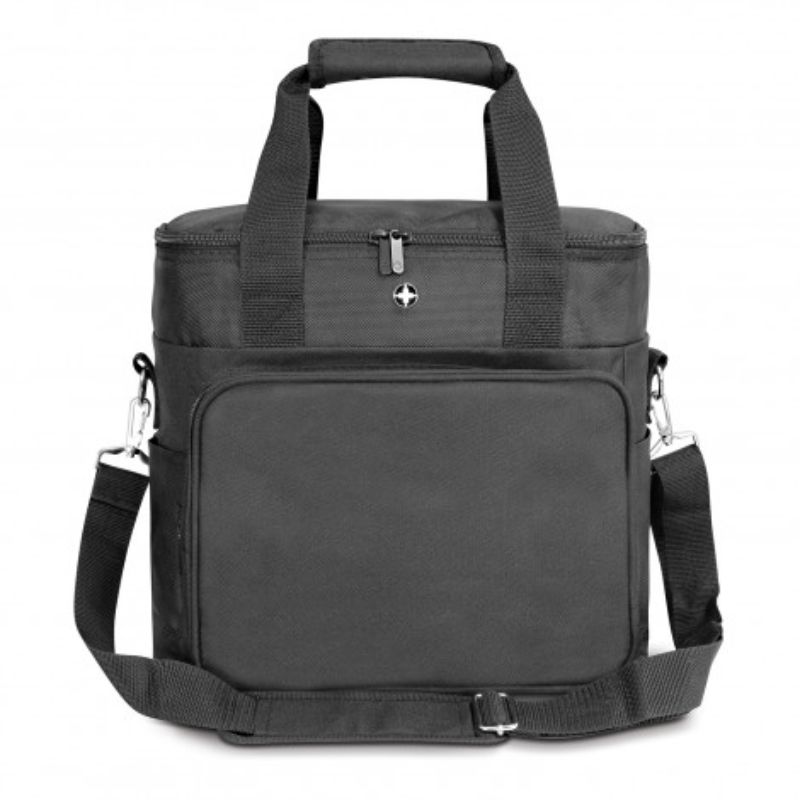 Stylish black Swiss Peak cooler bag, 28cm high, with 16L capacity, thick insulation, and convenient carry options for outdoor adventures.