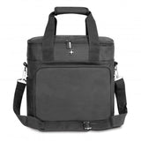 Stylish black Swiss Peak cooler bag, 28cm high, with 16L capacity, thick insulation, and convenient carry options for outdoor adventures.