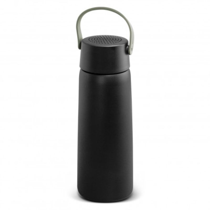 Black vacuum insulated water bottle with Bluetooth speaker, 700ml capacity, keeps drinks cold for 24 hours and plays music for 2 hours.