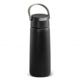 Black vacuum insulated 700ml bottle with built-in Bluetooth speaker, keeps drinks hot or cold, stylish and portable design.