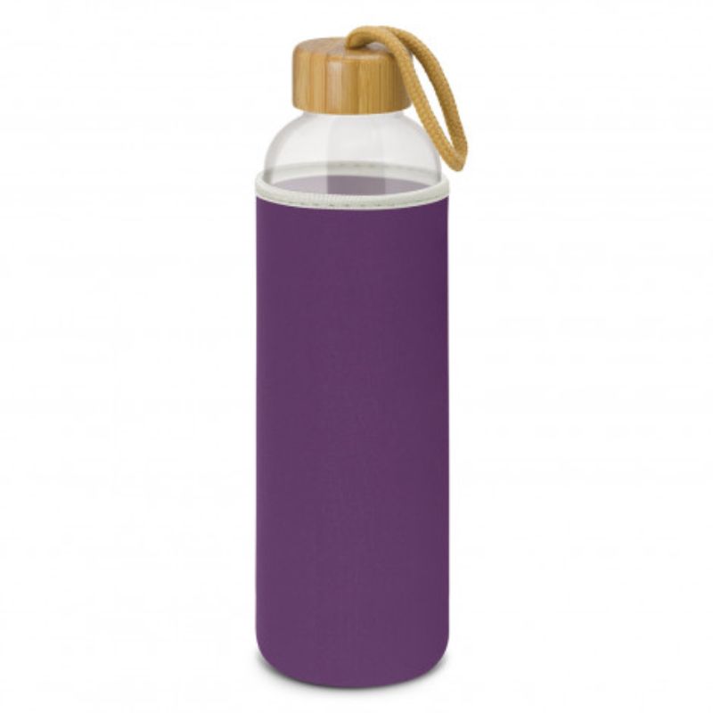 Set of 3 stylish purple glass bottles with insulating neoprene sleeves and bamboo lids, perfect for eco-friendly hydration on-the-go.