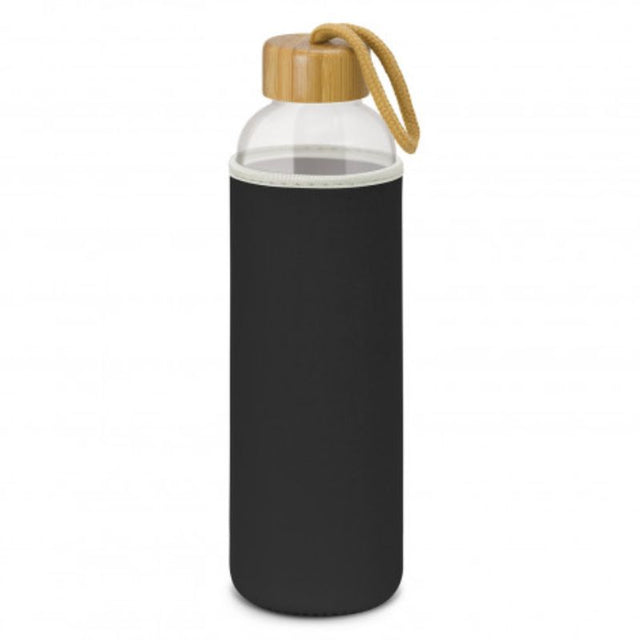 Set of 3 black neoprene sleeve glass bottles with bamboo lids, ideal for keeping drinks cool and stylish on the go.