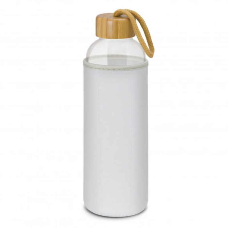 Set of 3 white glass bottles with insulating neoprene sleeves and trendy bamboo lids for stylish, eco-friendly hydration.