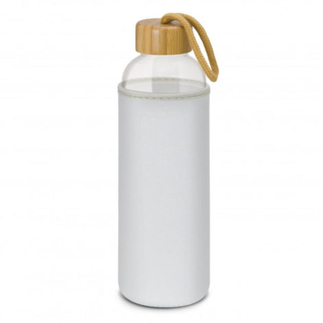 Set of 3 white glass bottles with insulating neoprene sleeves and trendy bamboo lids for stylish, eco-friendly hydration.