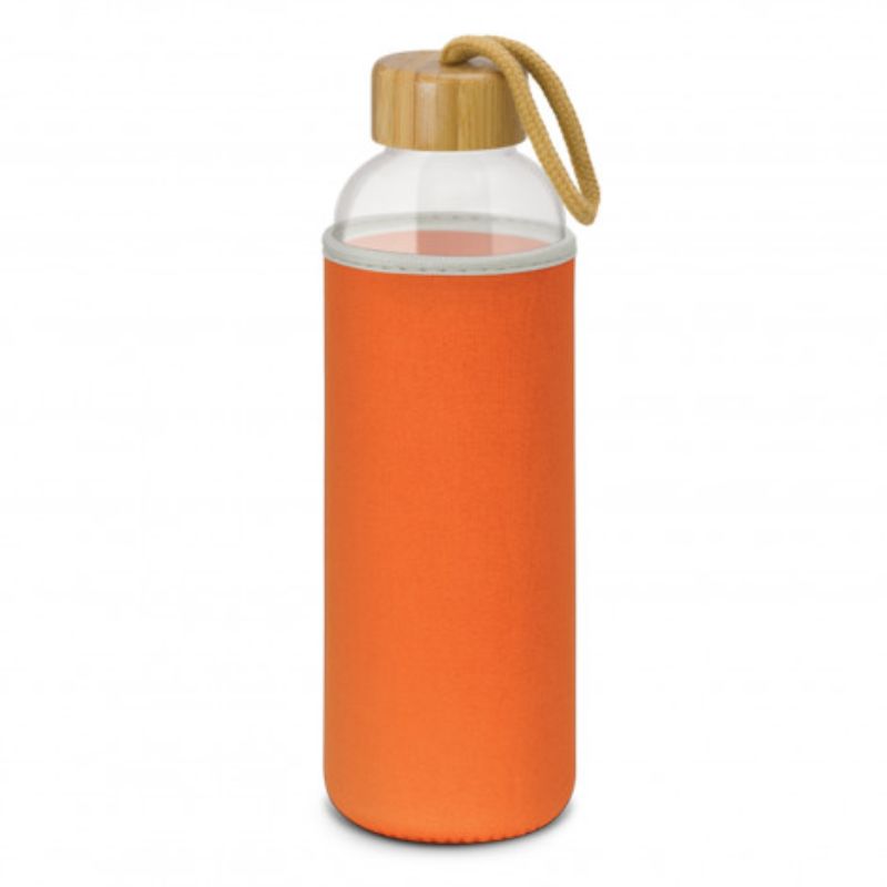 Set of 3 600ml orange neoprene sleeve glass bottles with bamboo lids, designed for stylish hydration on the go.