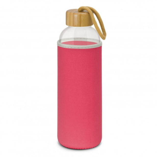 Set of 3 pink glass bottles with neoprene sleeves, bamboo lids, and braided handles for stylish, eco-friendly hydration.