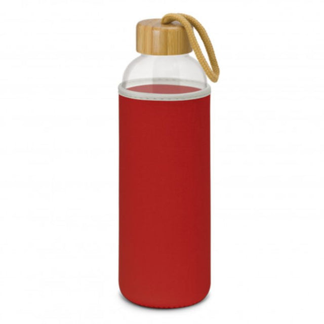 Set of 3 red neoprene-sleeved borosilicate glass bottles with bamboo lids for stylish hydration on the go.