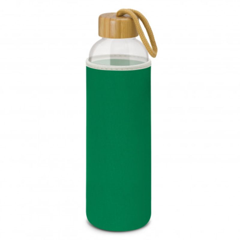 Set of 3 Kelly Green glass bottles with neoprene sleeves, bamboo lids, and carry handles for stylish hydration on-the-go.