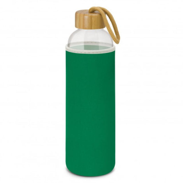 Set of 3 Kelly Green glass bottles with neoprene sleeves, bamboo lids, and carry handles for stylish hydration on-the-go.