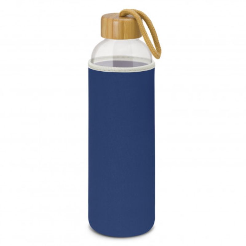 Set of 3 dark blue glass bottles with neoprene sleeves, bamboo lids, and braided carry handles for stylish hydration.