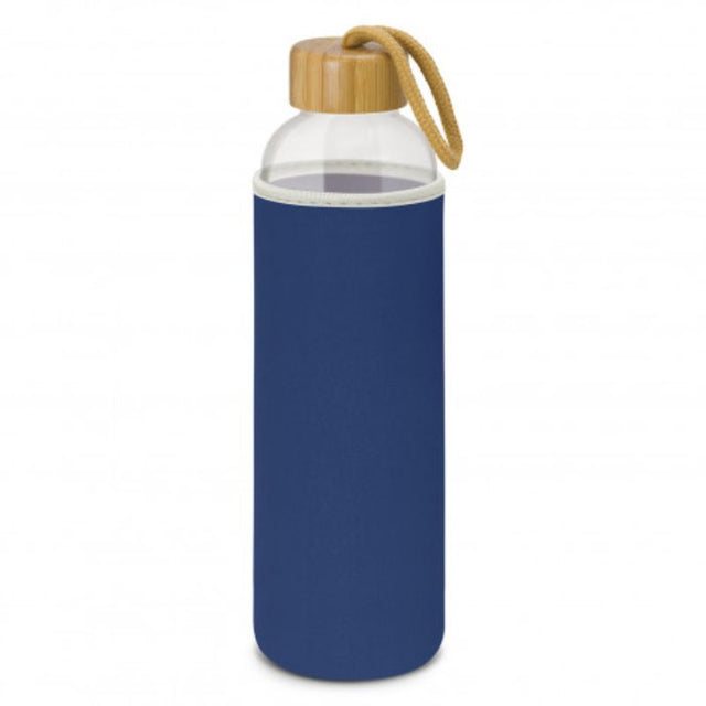 Set of 3 dark blue glass bottles with neoprene sleeves, bamboo lids, and braided carry handles for stylish hydration.