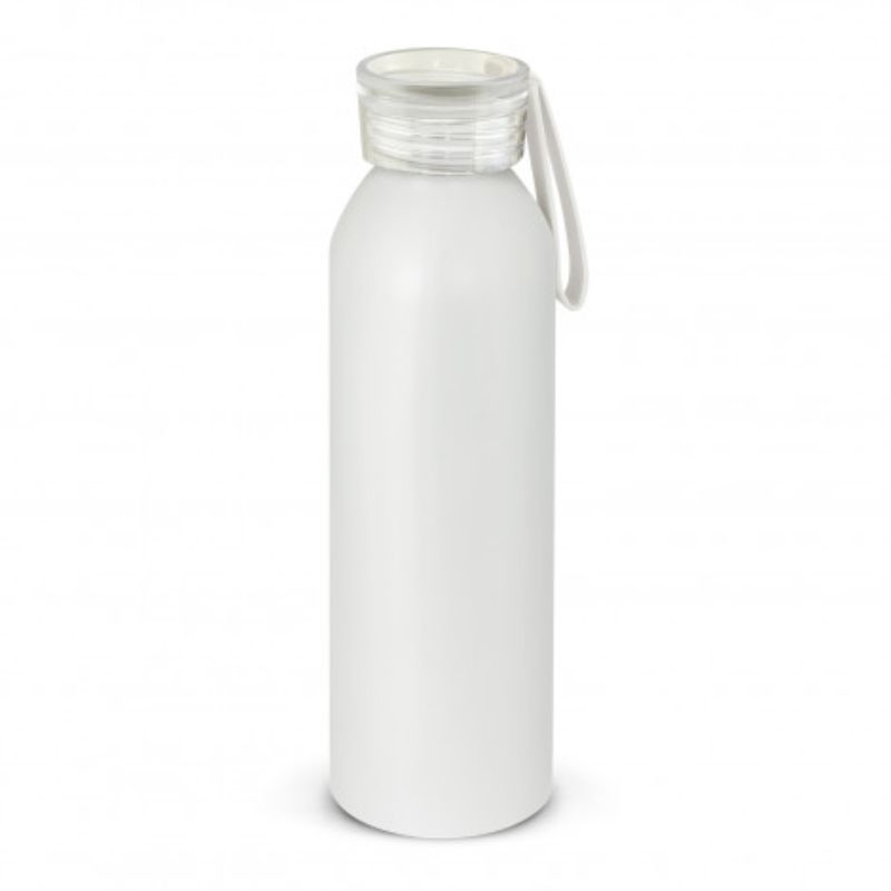 Set of 6 lightweight gloss white 600ml aluminum Hydro Bottles with screw-on lids and silicone handles for stylish hydration.