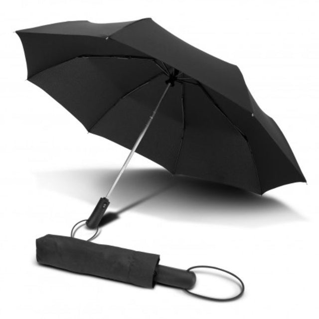 Compact black umbrella with automatic opening, eight-rib frame, and soft-touch handle, ideal for travel and rainy days.