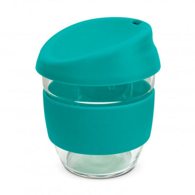 Set of 3 teal borosilicate glass cups with silicone lids and bands for eco-friendly beverage enjoyment.