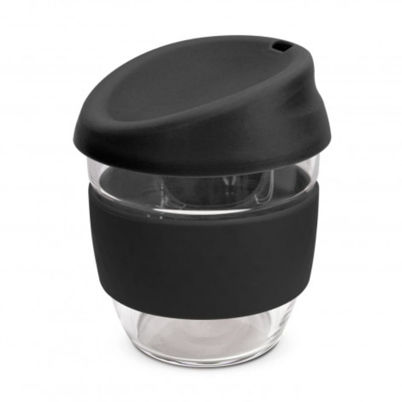Set of 3 black borosilicate coffee cups with silicone lids and bands, eco-friendly and shatter-resistant design.