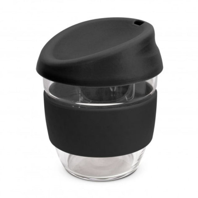 Set of 3 black borosilicate coffee cups with silicone lids and bands, eco-friendly and shatter-resistant design.