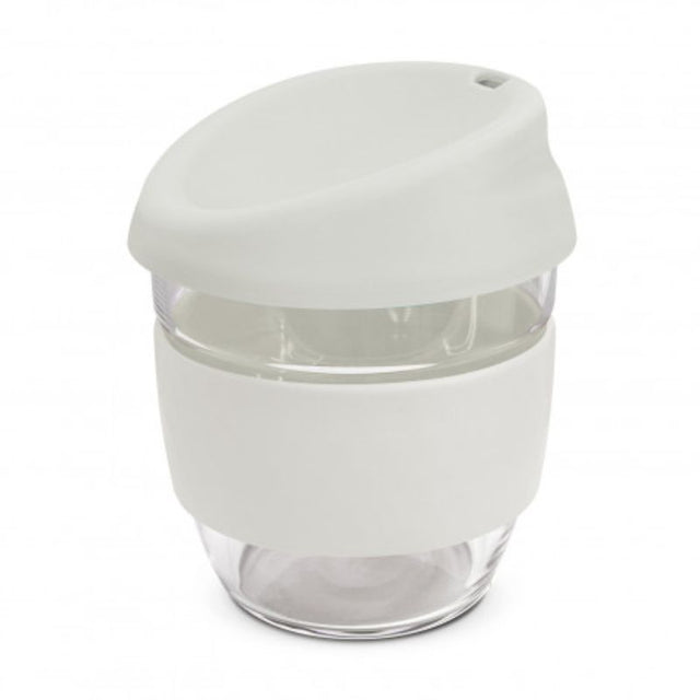 Set of 3 elegant 250ml white borosilicate glass cups with silicone lids and heat-resistant bands for eco-friendly sipping.