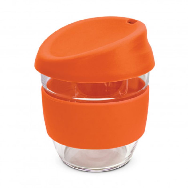 Vibrant orange set of 3 reusable 250ml borosilicate glass coffee cups with silicone lids and bands, eco-friendly and stylish.