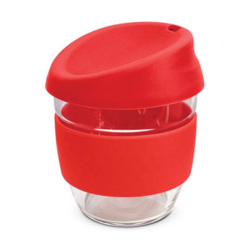 Set of three elegant red borosilicate glass cups (250ml) with silicone lids and heat-resistant bands, perfect for eco-friendly use.