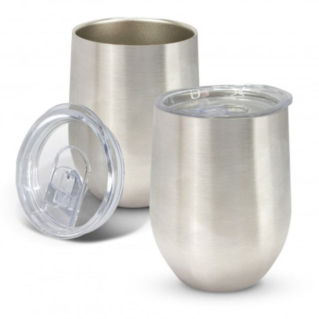Set of 3 stylish powder coated stainless steel vacuum cups, 300ml, with secure lids for hot or cold beverages.