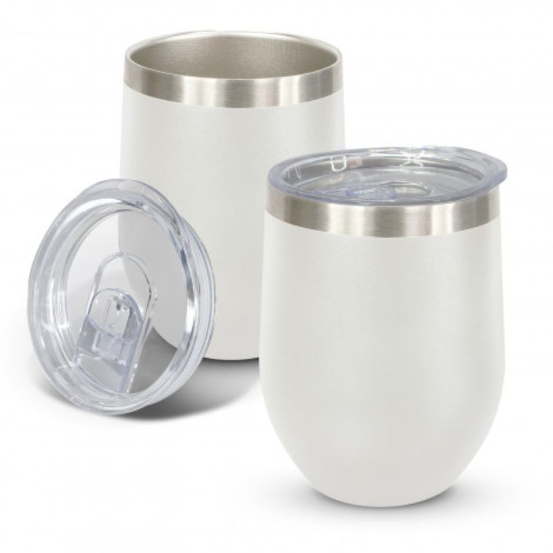 Set of 3 white powder-coated stainless steel vacuum cups with a sleek design, keeping drinks hot or cold for hours.
