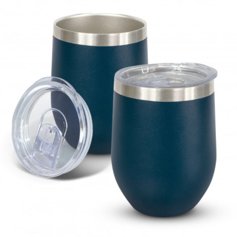 Set of 3 navy vacuum cups with double-wall insulation, spill-proof lids, and elegant curved design for on-the-go hydration.