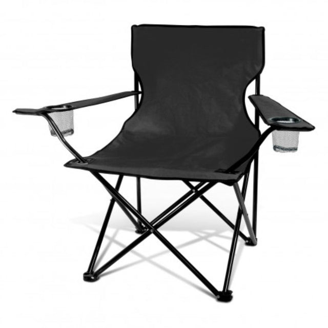 Folding chair in black, featuring arm rests, mesh beverage holders, and a carry bag; durable and portable for outdoor use.