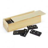 Natural wooden dominoes set of 24 in a sliding lid box, perfect for family game nights and enhancing cognitive skills.