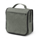 Set of three grey toiletry bags with durable fabric, ample storage, zippered pockets, and convenient carry handle.
