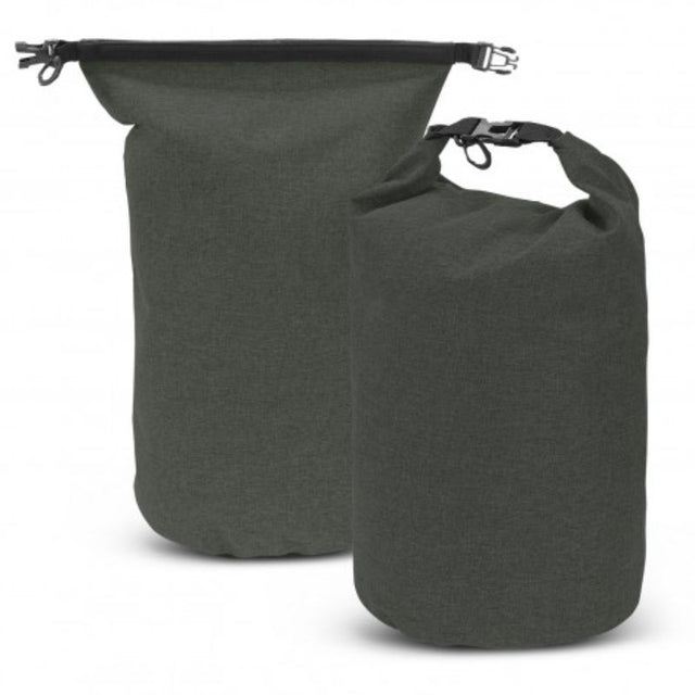 Three dark grey waterproof dry bags, 10L capacity each, made of durable polyester for outdoor storage and protection.
